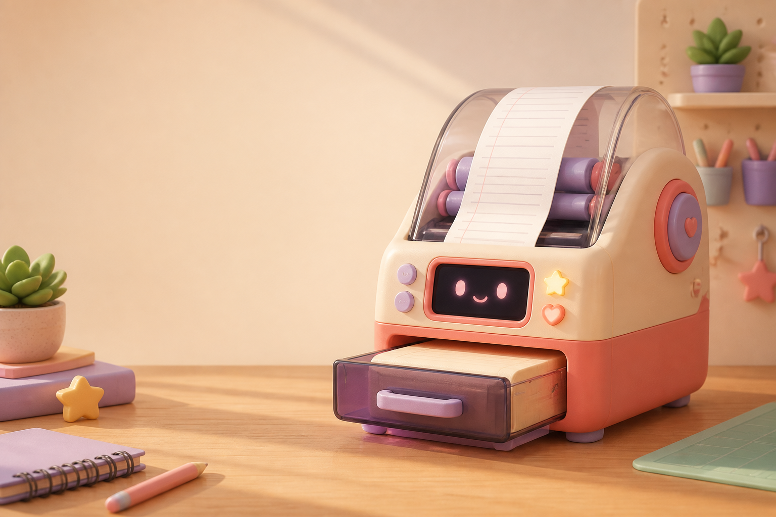 Concept mockup of a small desktop Proof appliance with a receipt feed, display, transparent top, and removable filing cassette
