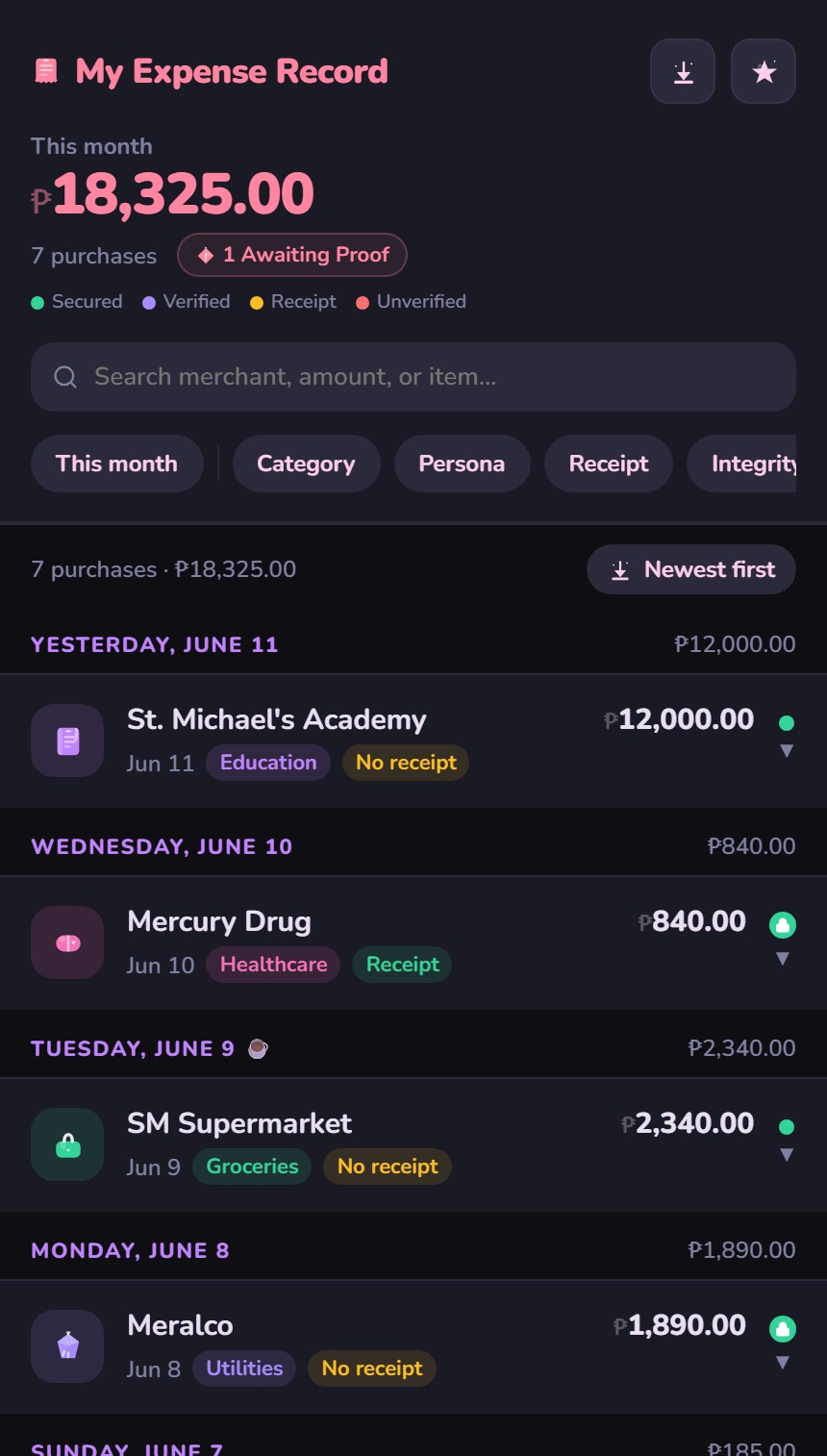 Proof app — purchases list with audit status